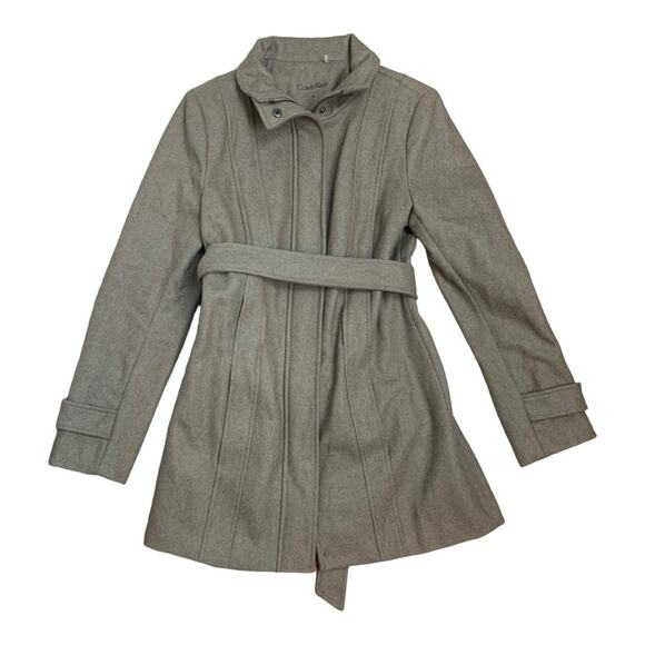 Calvin Klein womens size 4 pea coat small wool blend tan tie hooded business pr - Picture 1 of 10